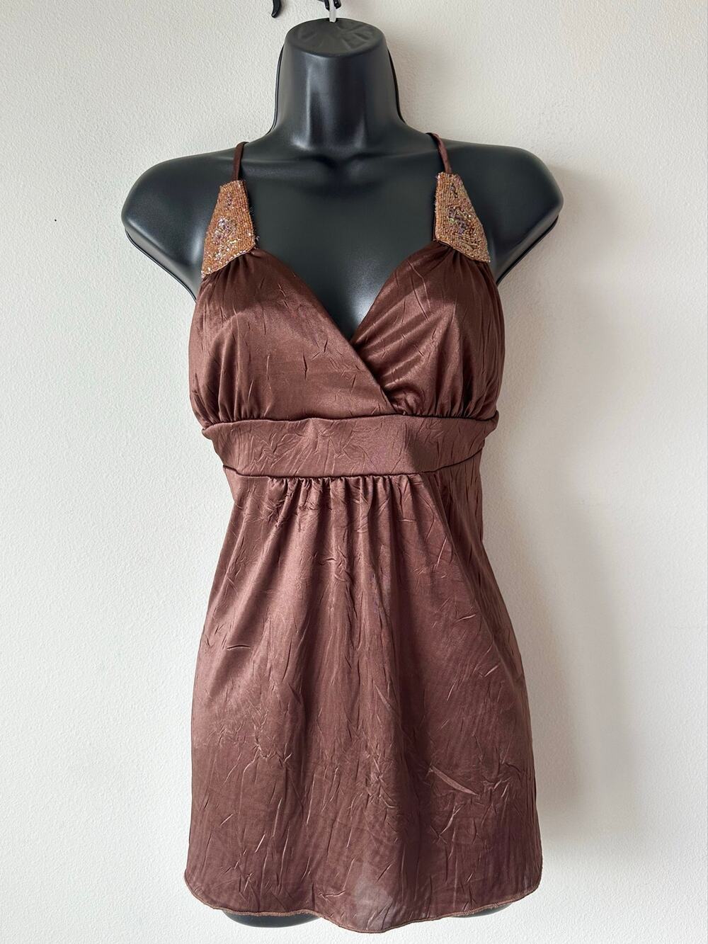 Vintage Y2K Wet Seal Chocolate Brown Beaded Satin Halter Tank Top McBling XL